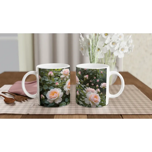 Two floral-themed ceramic mugs from PixiOnyx Botanical Brew featuring soft petal patterns