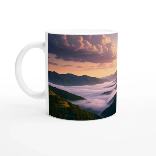 White ceramic mug with mountain landscape design from PixiOnyx Sunrise Serenity collection