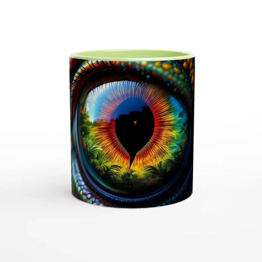 Lizard eye mug featuring a hypnotic chameleon design on a white ceramic surface