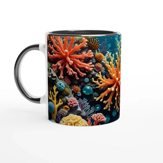 Coral reef themed white ceramic mug with colorful interior, Oceanic Brew design