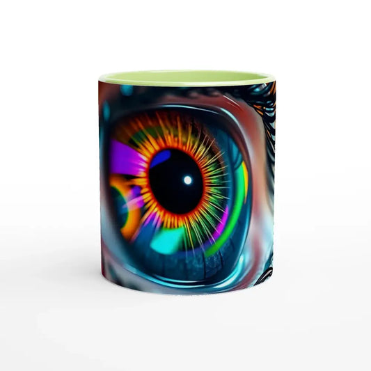 Colorful eye design on White 11oz Ceramic Mug with Cosmic Iris inside