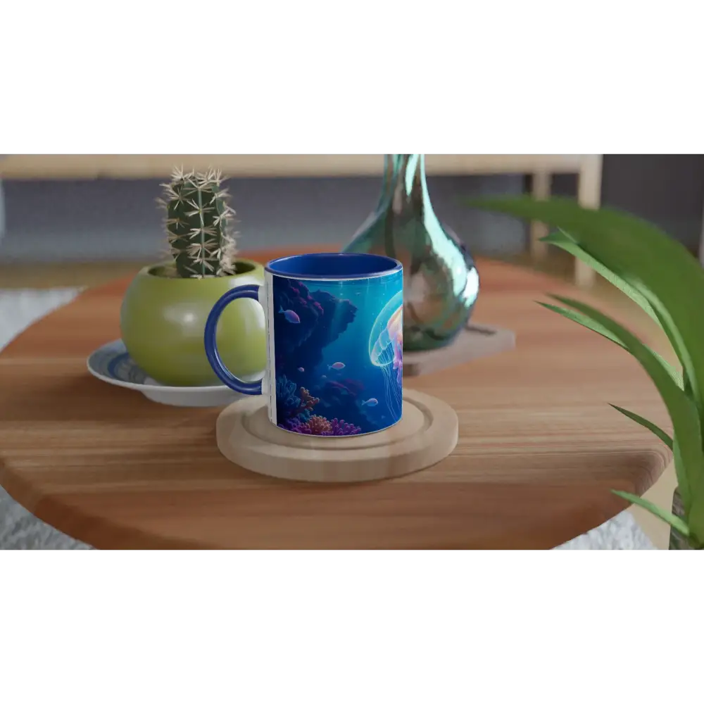 Blue-rimmed ceramic mug with jellyfish design from PixiOnyx Cosmic Drift collection