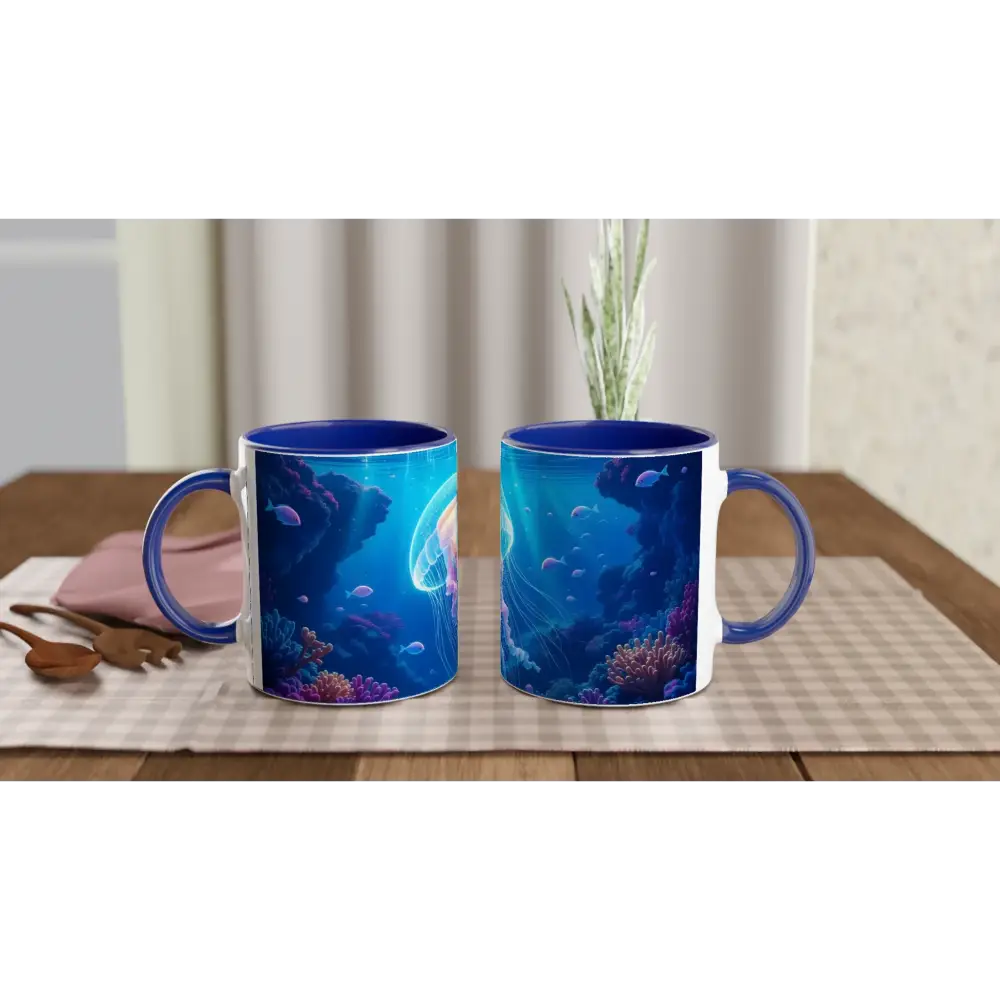 Blue-handled ceramic mugs with underwater scene from White 11oz Cosmic Drift Mug