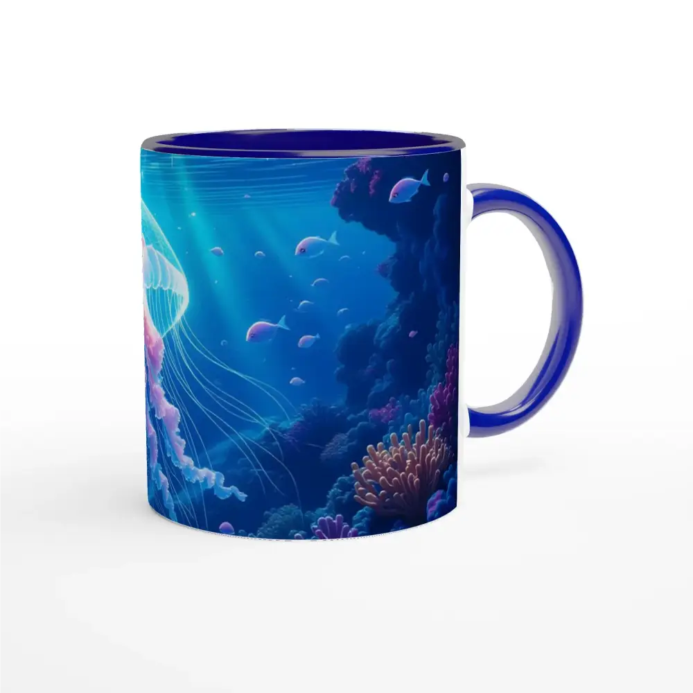 Blue-rimmed ceramic mug with underwater scene from Glowing Wanderer Cosmic Drift series