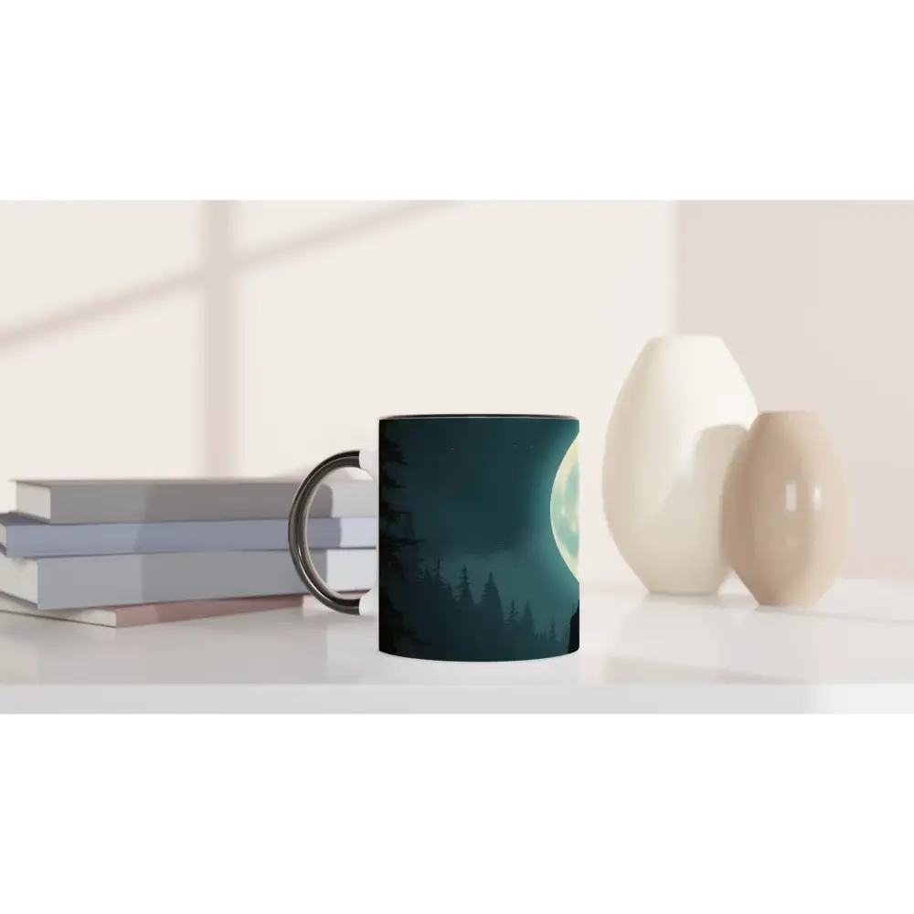 Dark ceramic mug with moon and trees design from PixiOnyx Lunar Reverie collection