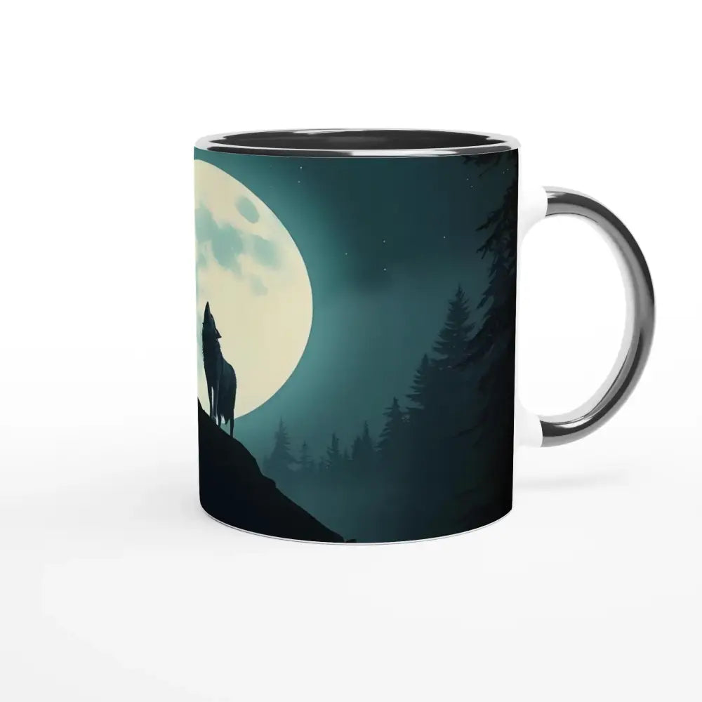 Wolf-themed ceramic mug with a colorful interior and Howling at the Moon design