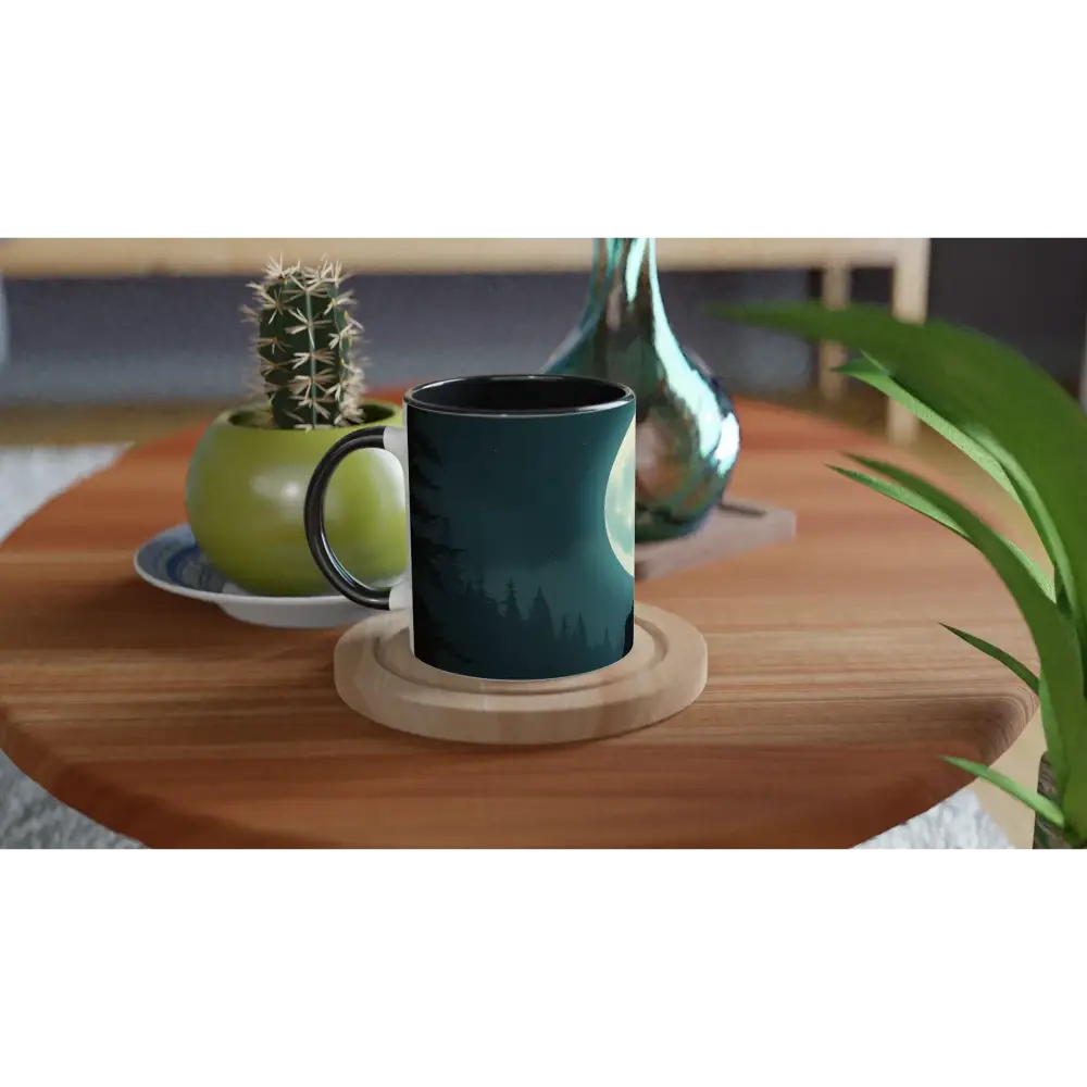 Dark ceramic mug with moon and forest design from PixiOnyx Lunar Reverie collection