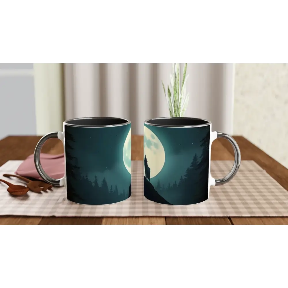 Two wolf-themed ceramic mugs with colored interiors from PixiOnyx Lunar Reverie