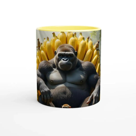 Yellow-lined ceramic mug featuring Gorilla and Banana Throne design from PixiOnyx