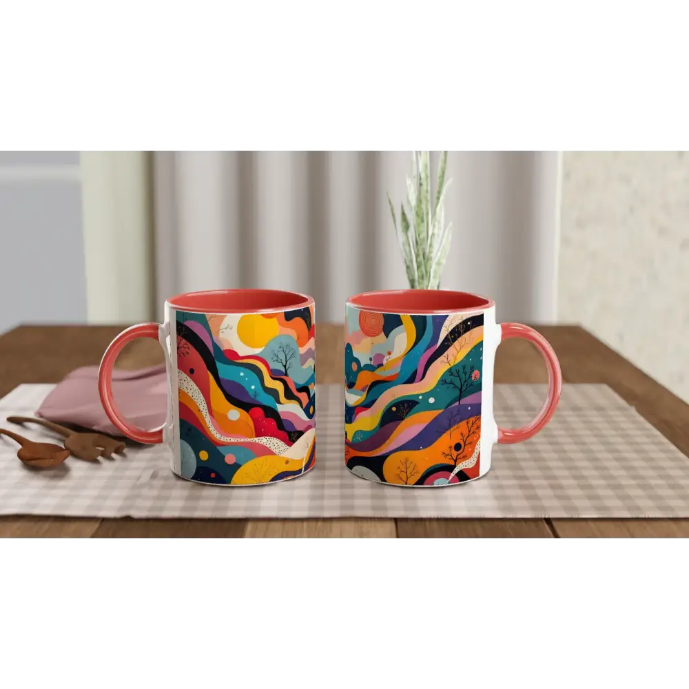 Colorful mugs with psychedelic landscape flowstate design on a PixiOnyx ceramic sipware