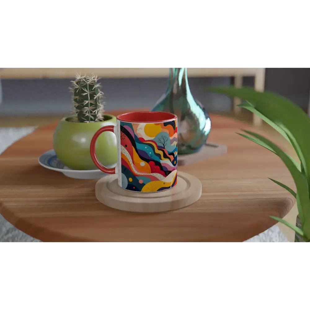 Colorful abstract psychedelic landscape ceramic mug with vibrant inside design