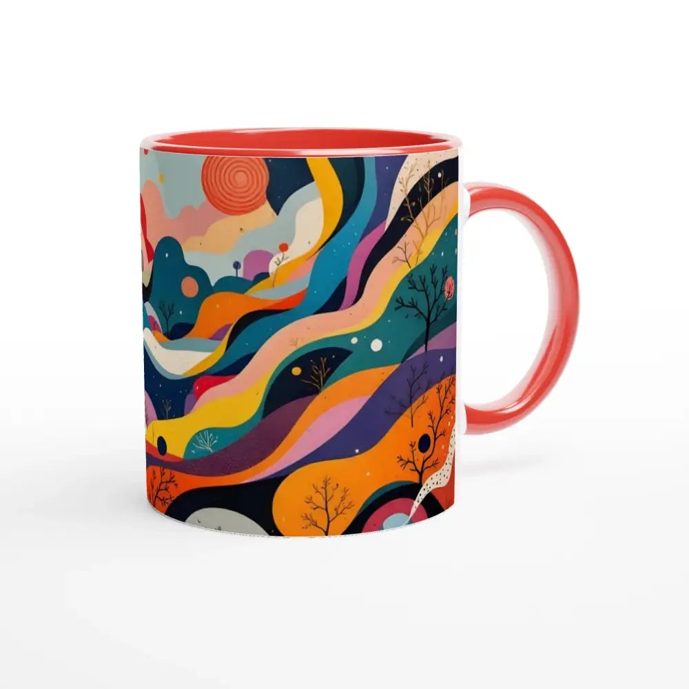 Red-handled ceramic mug with colorful abstract psychedelic landscape design and color inside