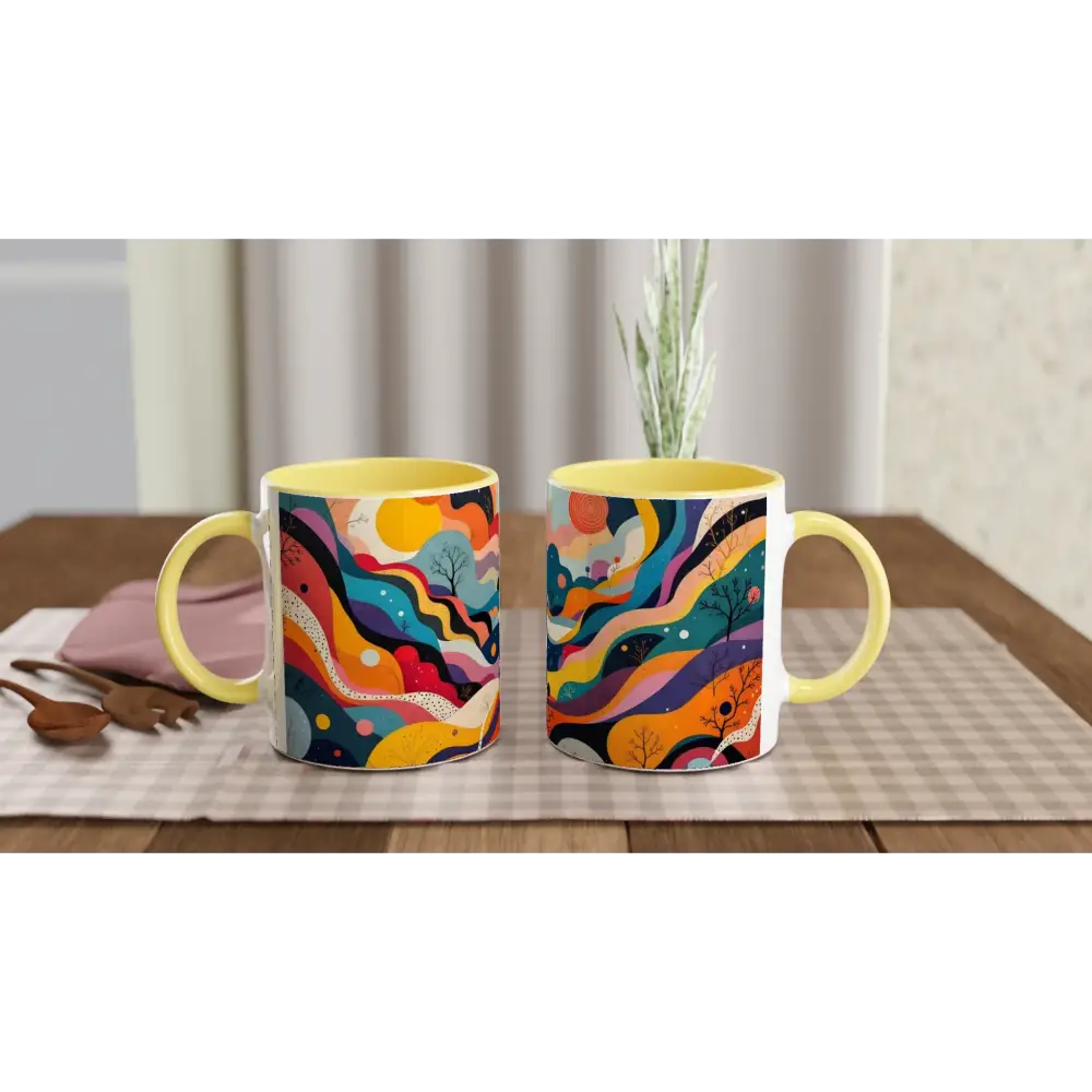 Two colorful ceramic mugs with psychedelic landscape flowstate design