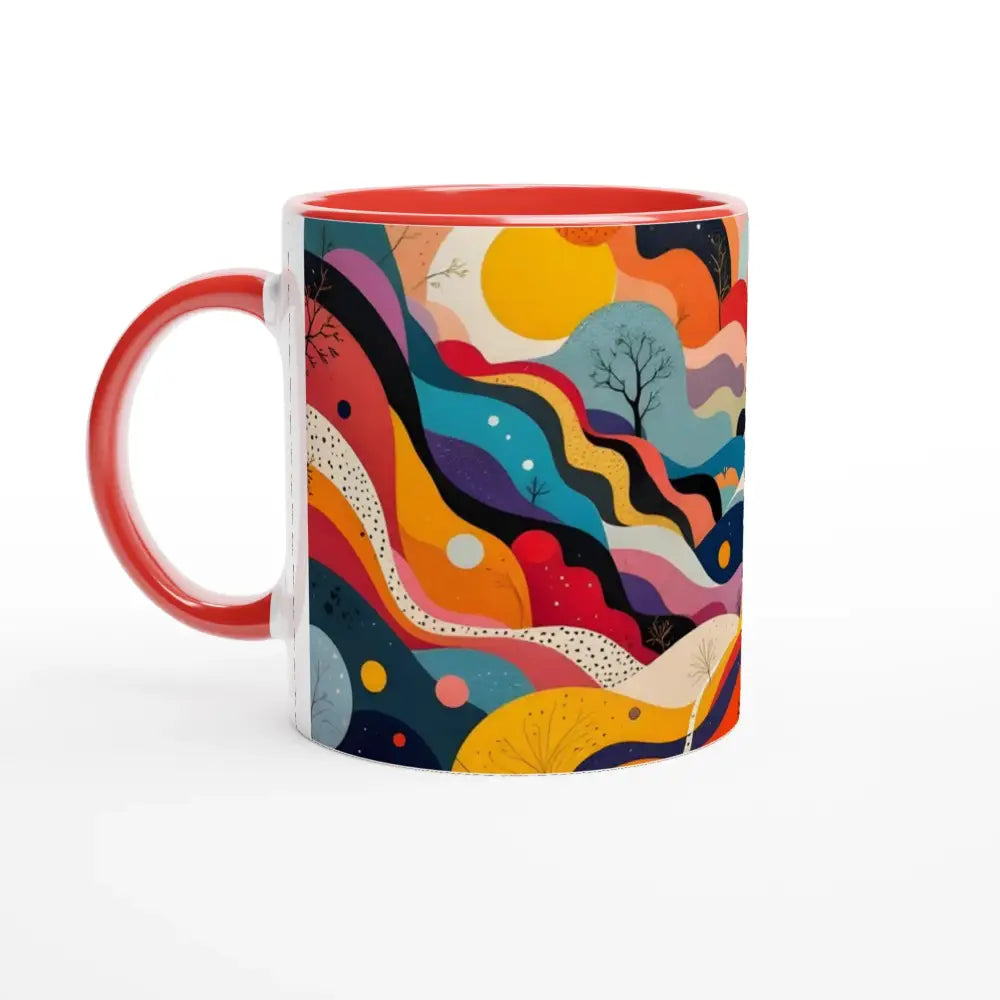 Red-handled ceramic mug with colorful abstract psychedelic landscape design by PixiOnyx