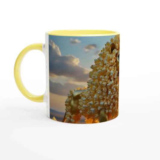 Yellow-handled ceramic mug with popcorn lion design from PixiOnyx Whimsical Wilderness