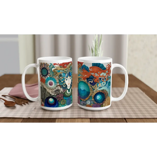 White 15oz ceramic mugs with colorful surreal ocean-themed artwork from PixiOnyx Dreamscape Drinkware