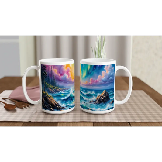 White 15oz ceramic mug featuring colorful ocean and forest scenes from Celestial Tide collection