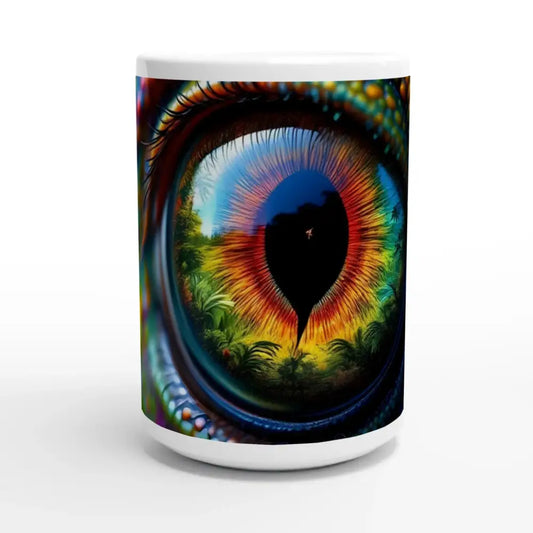 White 15oz ceramic mug featuring a chameleon eye reptile design by PixiOnyx
