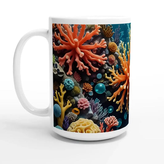 White 15oz Ceramic Mug with Coral Reef Themed Design from PixiOnyx Oceanic Brew