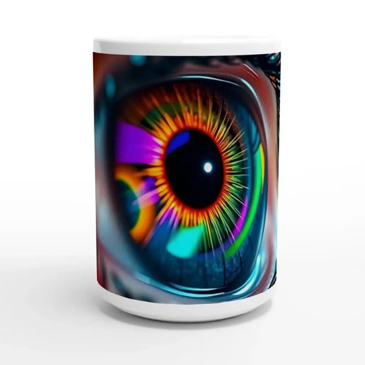 Colorful eye mug with cosmic iris design on 15oz ceramic PixiOnyx Dreamscape Drinkware