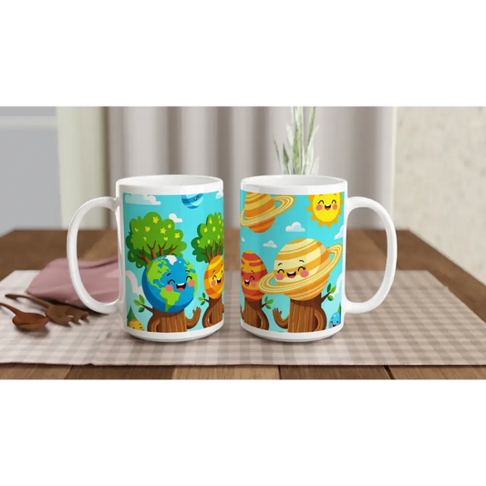 Cartoon planet mugs from PixiOnyx Stellar Brew featuring Cosmic Tree Friends design