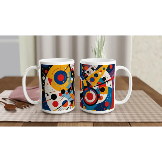 Two white 15oz ceramic mugs with colorful abstract designs for Dynamic Balance PixiOnyx Brew