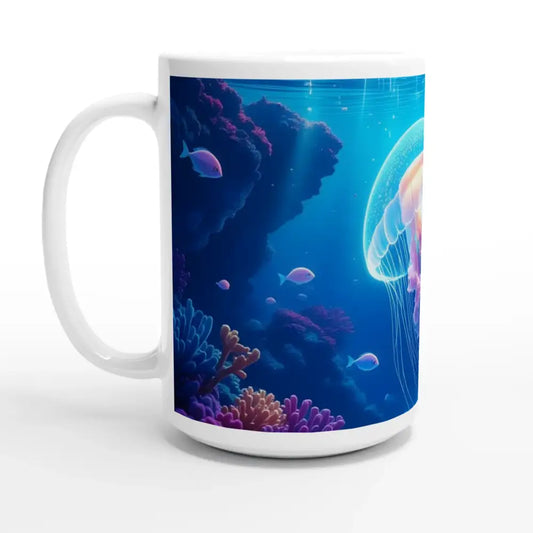 Jellyfish-themed ceramic mug from PixiOnyx Ocean Reverie collection, White 15oz design