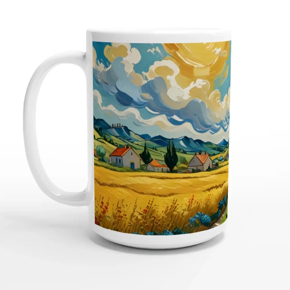 White 15oz ceramic mug with pastoral landscape art Golden Fields Reverie PixiOnyx