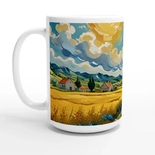 White 15oz ceramic mug with pastoral landscape art Golden Fields Reverie PixiOnyx
