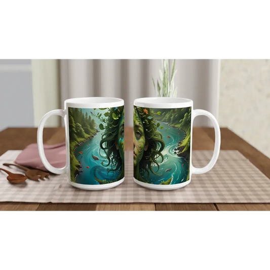 White ceramic mugs with nature-themed green artwork for Green Goddess PixiOnyx Nature Brew
