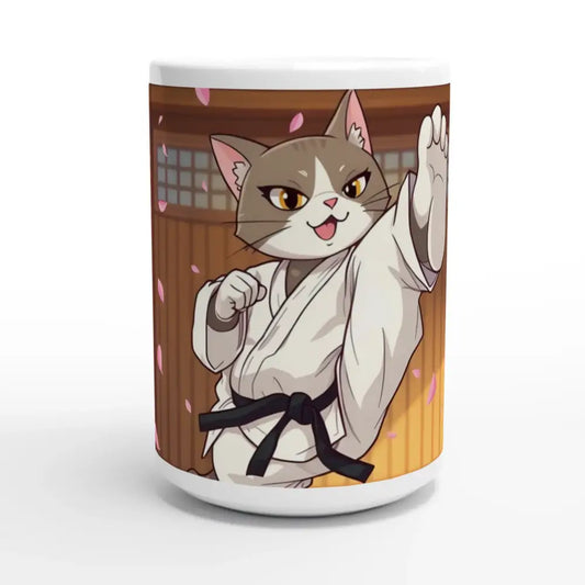 White 15oz Ceramic Mug with Karate Cat and Cherry Blossom Showdown design