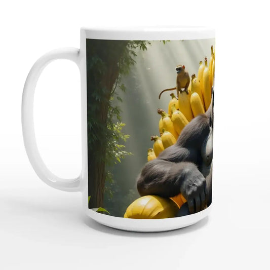 White 15oz ceramic mug with Gorilla and Banana design from King Kong’s Banana Throne collection