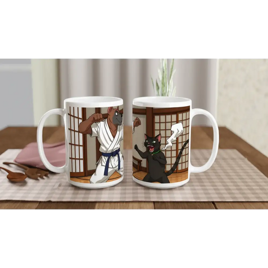 White 15oz ceramic mug featuring cartoon karate animals from Paws of Fury Martial Mayhem