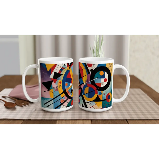 White 15oz Ceramic Mug with Rhythmic Geometry Abstract Art by PixiOnyx