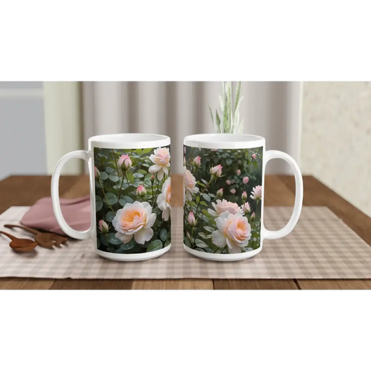 Two floral-themed ceramic mugs from PixiOnyx Botanical Brew in Soft Petal Symphony design