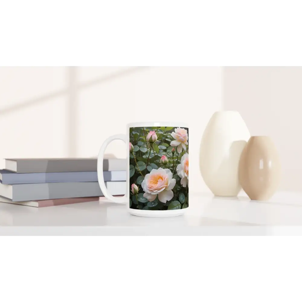 Floral-printed ceramic mug titled White 15oz Ceramic Mug Soft Petal Symphony PixiOnyx Botanical Brew