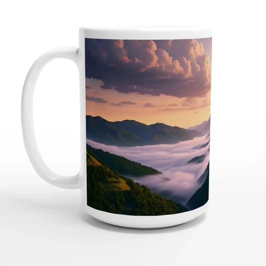 White ceramic mug with mountain vista design from PixiOnyx Morning View Mug