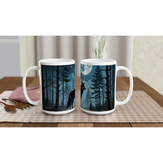 Wolf-themed ceramic mugs with a moon design in the PixiOnyx Lunar Reverie collection