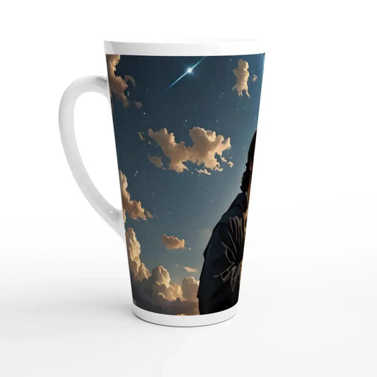 Tall white 17oz Latte Mug featuring Prayer to the Cosmos design from PixiOnyx