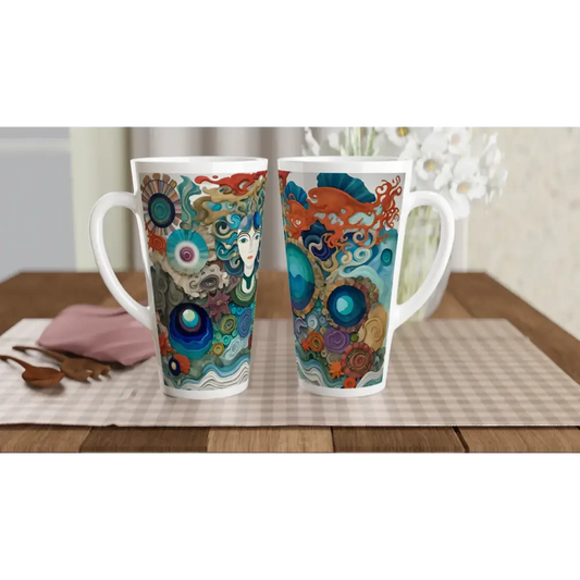 Two tall decorative mugs from PixiOnyx Dreamscape Drinkware White Latte 17oz Ceramic Mug