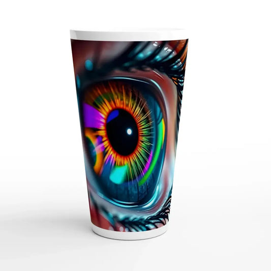 White 17oz ceramic Latte mug featuring a colorful eye design titled Cosmic Iris