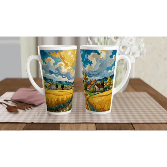 Two tall White Latte 17oz ceramic mugs with Golden Fields Reverie landscape art