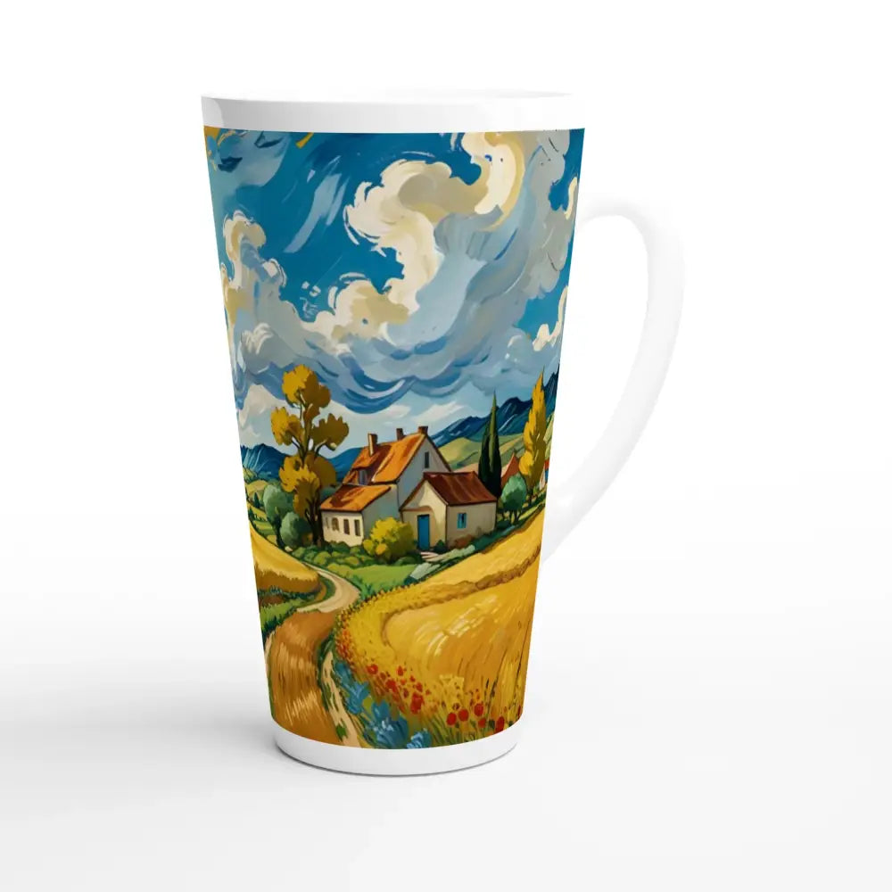 Tall latte mug with landscape art on White Latte 17oz Ceramic Mug Golden Fields Reverie