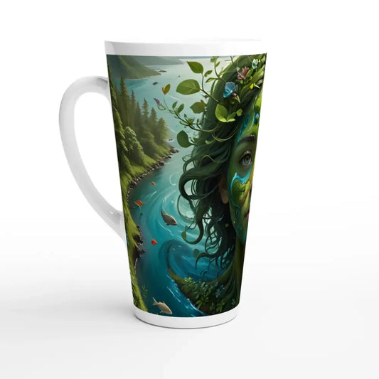 White Latte 17oz Ceramic Mug with Green Goddess Nature-Themed Artwork