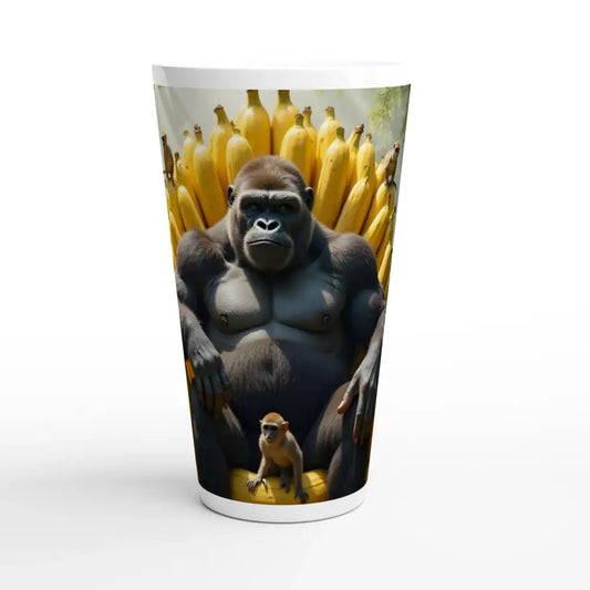 White Latte 17oz Ceramic Mug featuring Gorilla and Monkey Banana Throne design