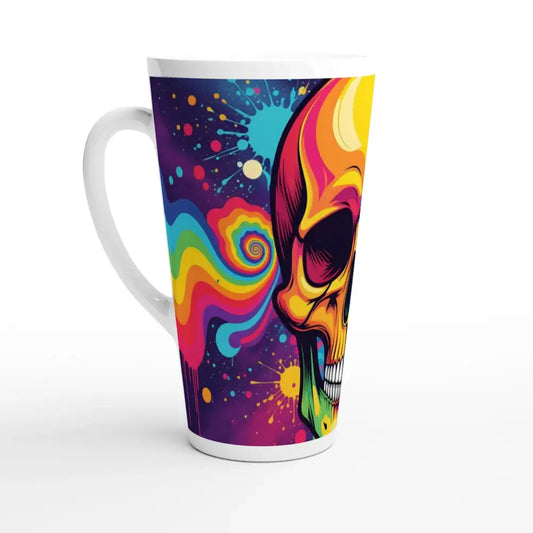 White Latte 17oz Ceramic Mug with Neon Psychedelic Skull Design