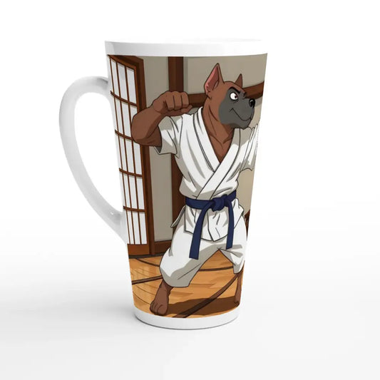 White Latte mug with Karate Dog design from Paws of Fury movie showing martial arts dog