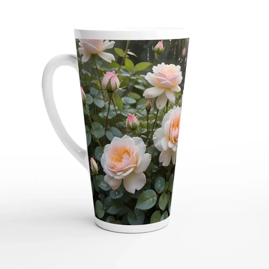White Latte 17oz Ceramic Mug with Rose Pattern from PixiOnyx Botanical Brew