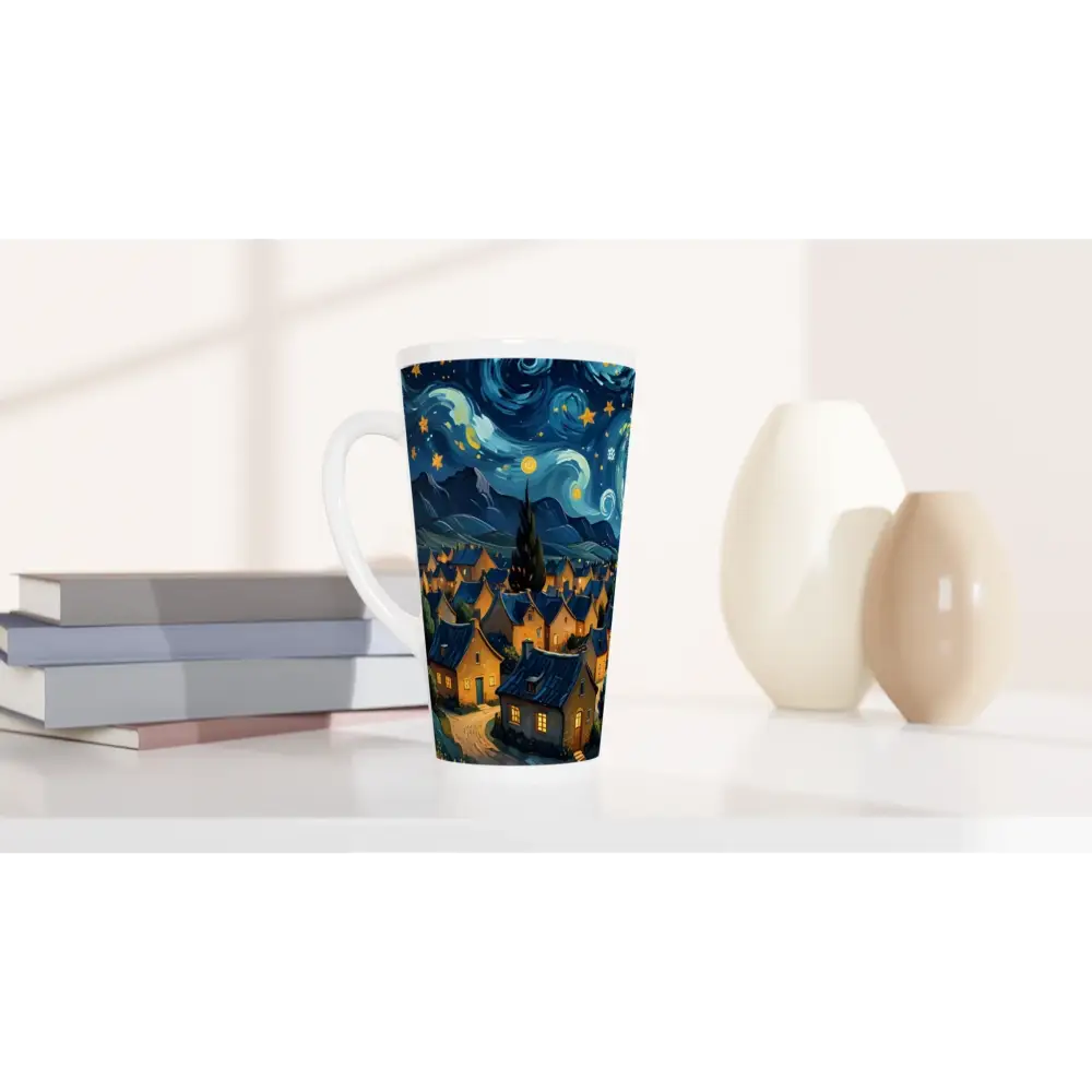 Starry night art mug featuring sky and village design on White Latte 17oz Ceramic Mug