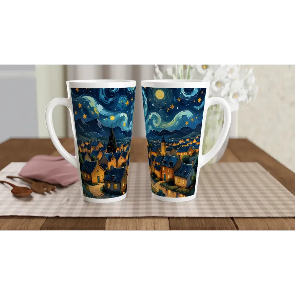 White Latte 17oz ceramic mug featuring a starry night village scene design